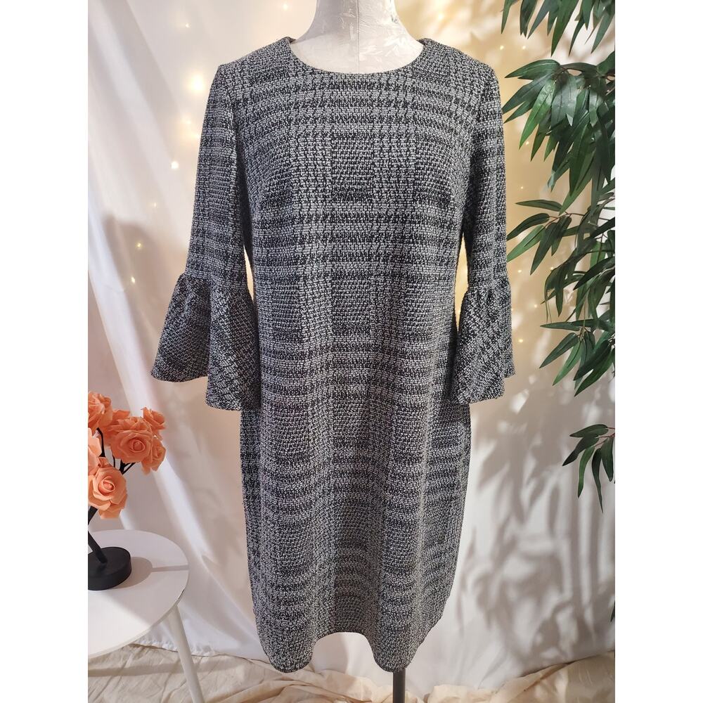 Calvin Klein Tweed Houndstooth Plaid Bell Sleeve Sheath Dress Size 12 Career